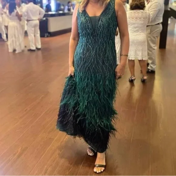 Jovani | Dresses | Jovani Dark Green Beaded Feather Dress | Poshmark